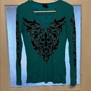 Women’s Teal V-Neck Long Sleeve Top with Black Embellishments Size Medium